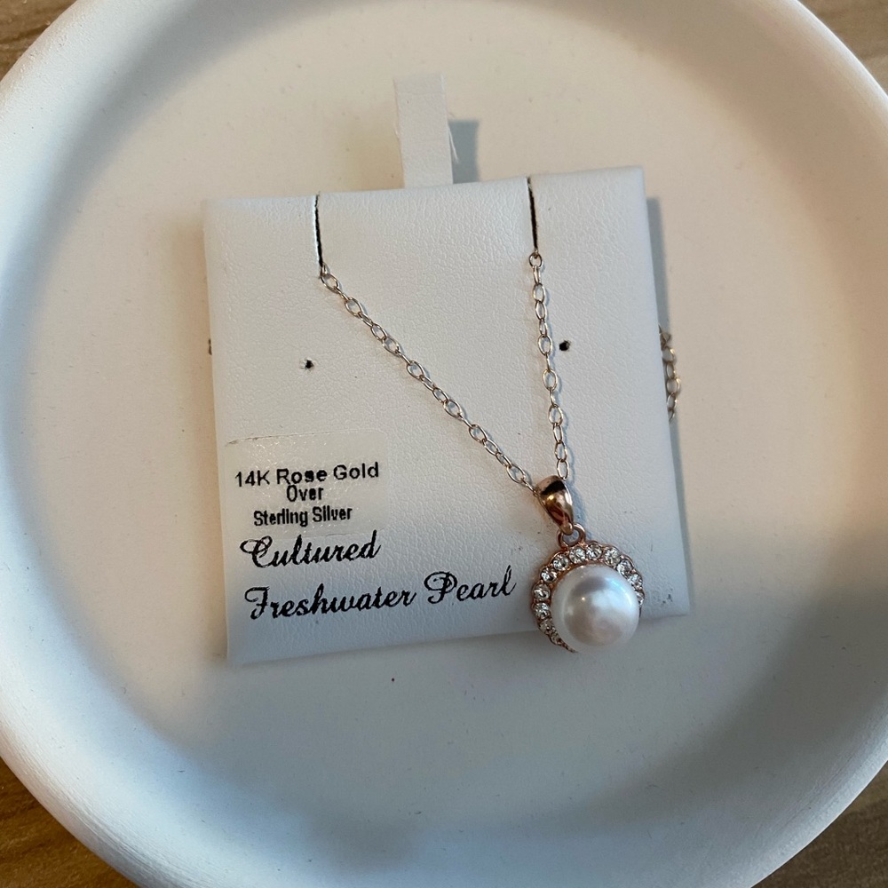 Rose Gold over Sterling Silver Halo Freshwater Pearl Necklace
